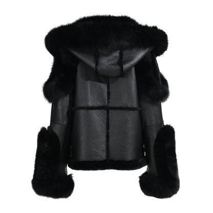 New Design Real Fox Fur Collar And Trim Genuine Leather Belt Fashion Women Leather Shearling Custom Coat