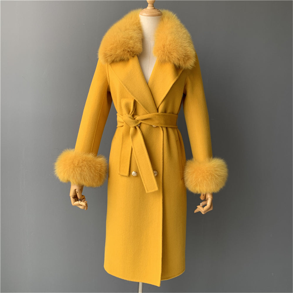 Jaxmonoy Slim Ladies Cashmere Coat Long Overcoat Real Fox Fur With Double-breasted