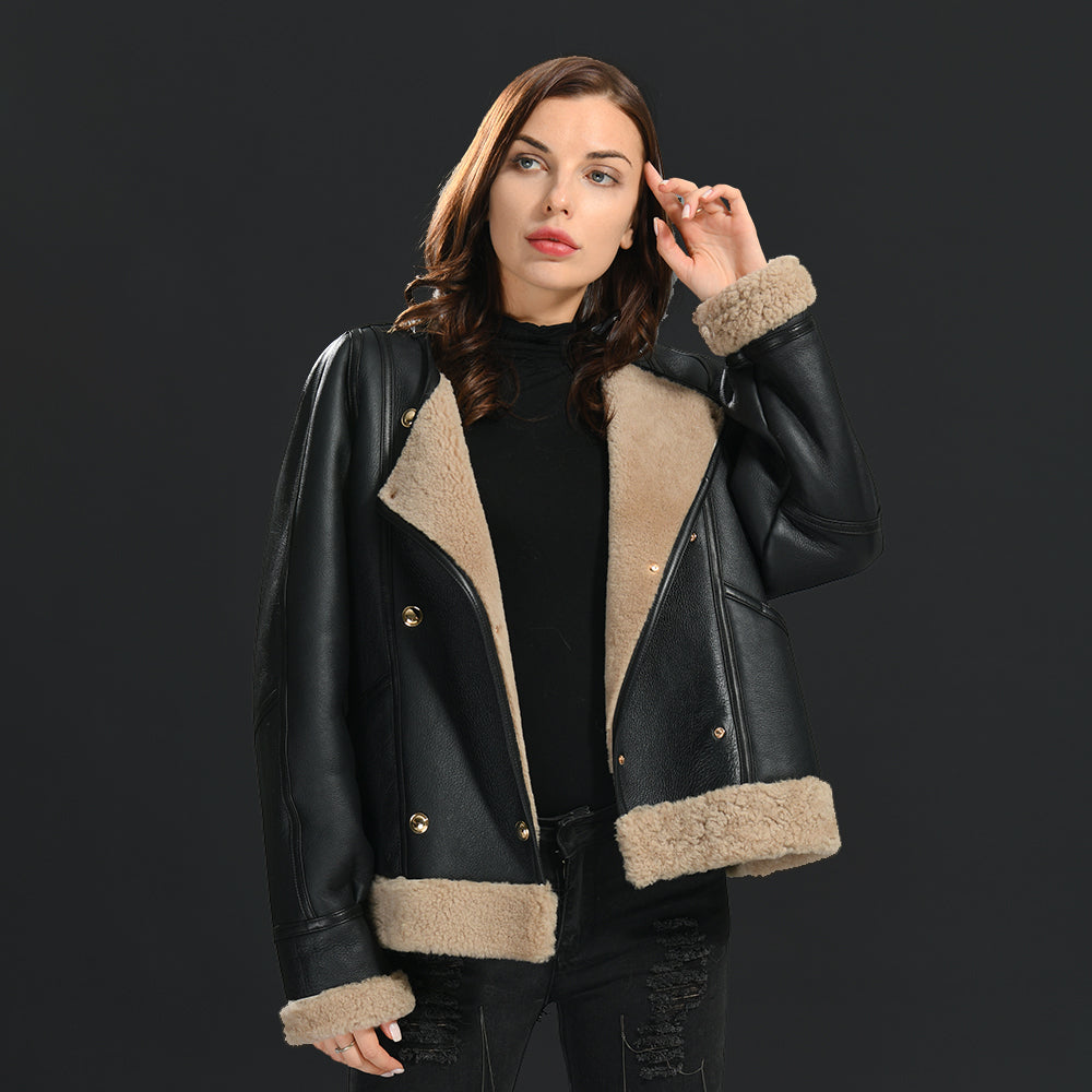 Winter Warm Crew Neck Leather Jacket With Lamb Fur  High Quality Sheepskin