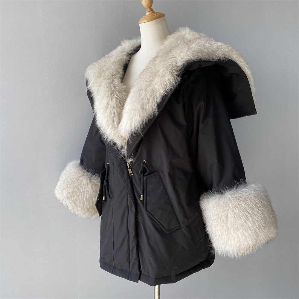 Women Casual Short Style Real Fox Fur Lining Detachable Denim Fur Jacket Fox Fur Parka