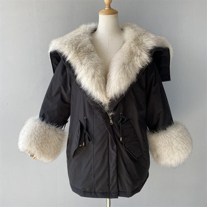 Women Casual Short Style Real Fox Fur Lining Detachable Denim Fur Jacket Fox Fur Parka