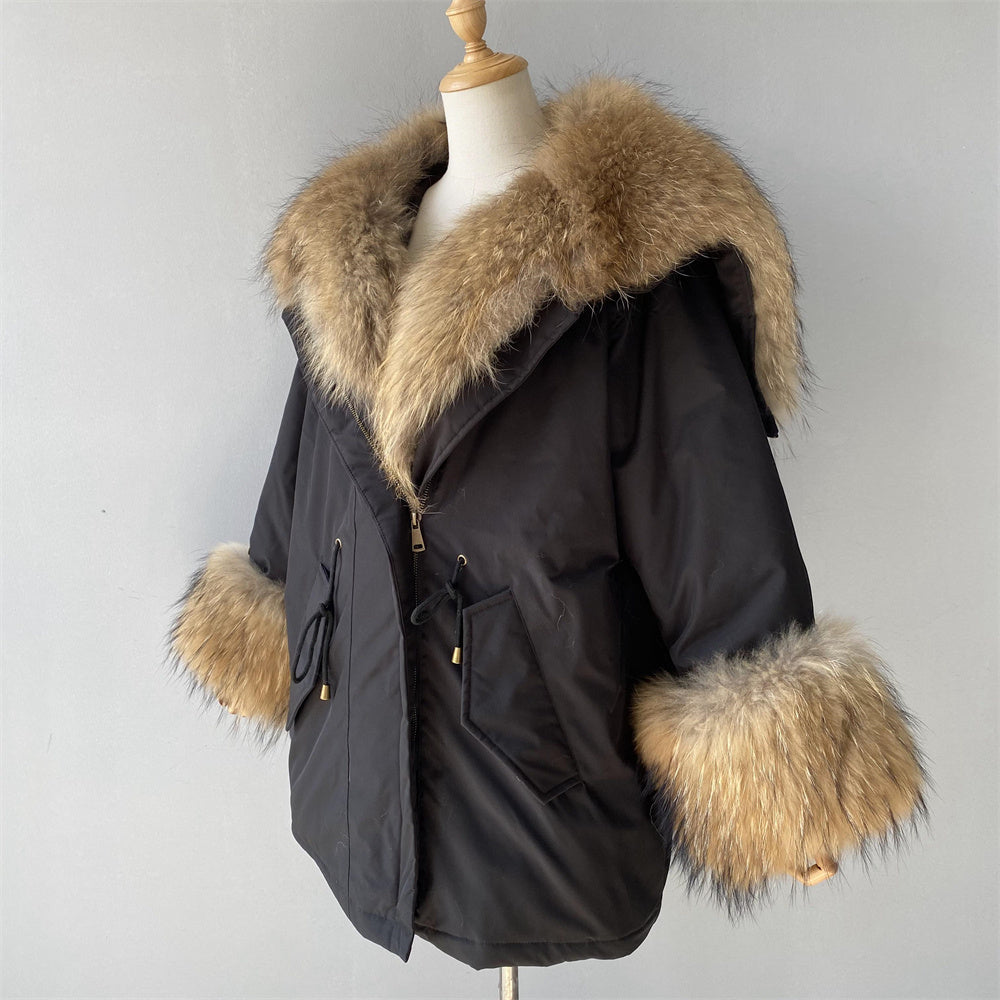 Women Casual Short Style Real Fox Fur Lining Detachable Denim Fur Jacket Fox Fur Parka