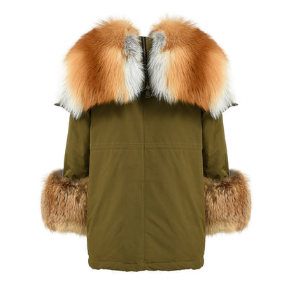 Women Casual Short Style Real Fox Fur Lining Detachable Denim Fur Jacket Fox Fur Parka