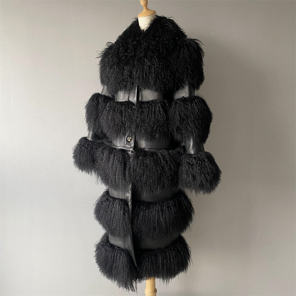 Real Mongolian Lamb Fur Coat Detachable Hem