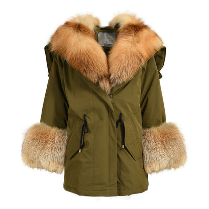 Women Casual Short Style Real Fox Fur Lining Detachable Denim Fur Jacket Fox Fur Parka