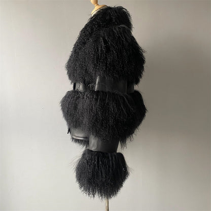 Real Mongolian Lamb Fur Coat Detachable Hem