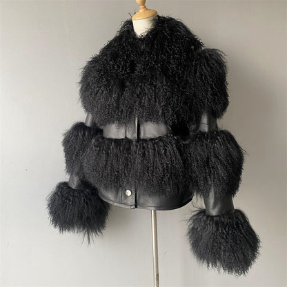 Real Mongolian Lamb Fur Coat Detachable Hem