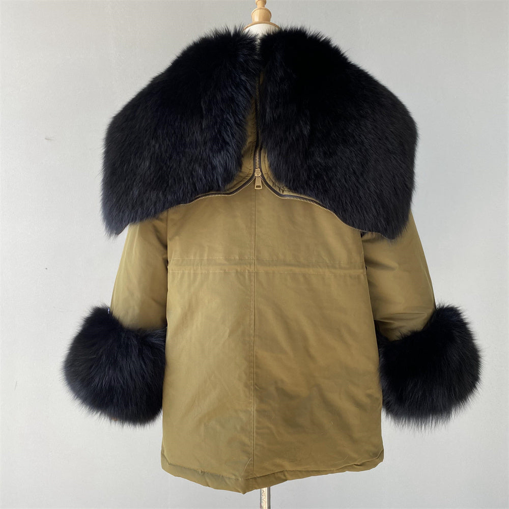 Women Casual Short Style Real Fox Fur Lining Detachable Denim Fur Jacket Fox Fur Parka