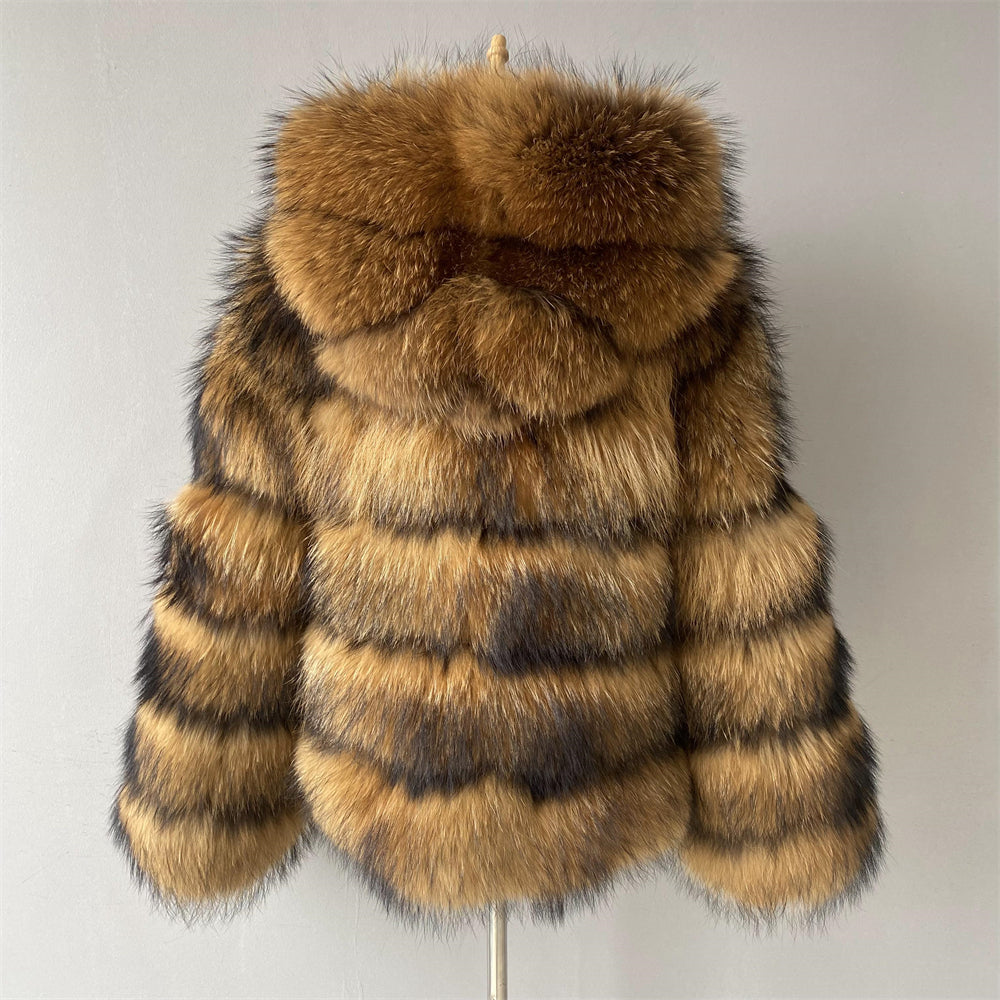 Genuine Fluffy Raccoon Fur Coat Women Hooded Fur Coat Real Dyed Raccoon Fur Coat