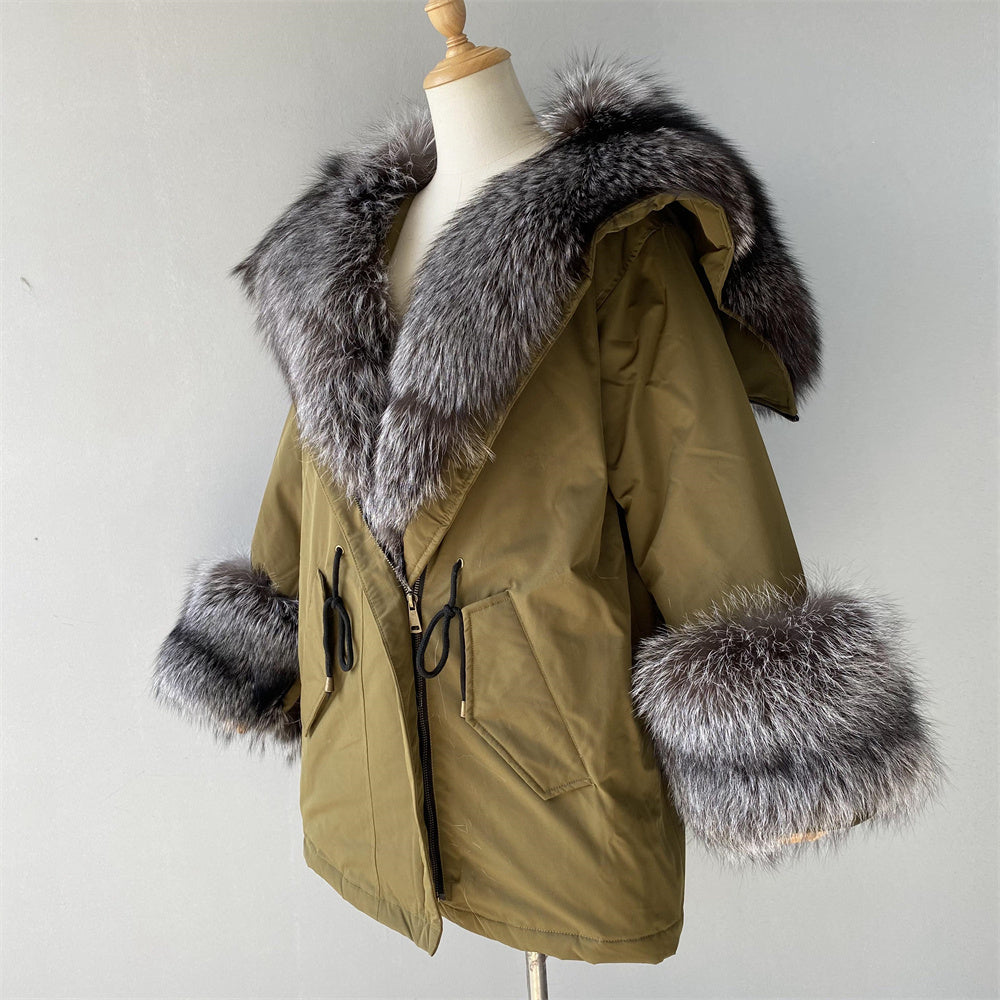 Women Casual Short Style Real Fox Fur Lining Detachable Denim Fur Jacket Fox Fur Parka