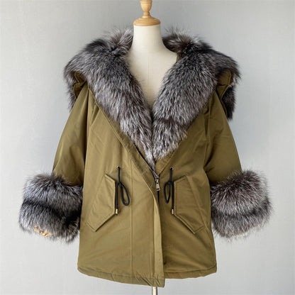 Women Casual Short Style Real Fox Fur Lining Detachable Denim Fur Jacket Fox Fur Parka