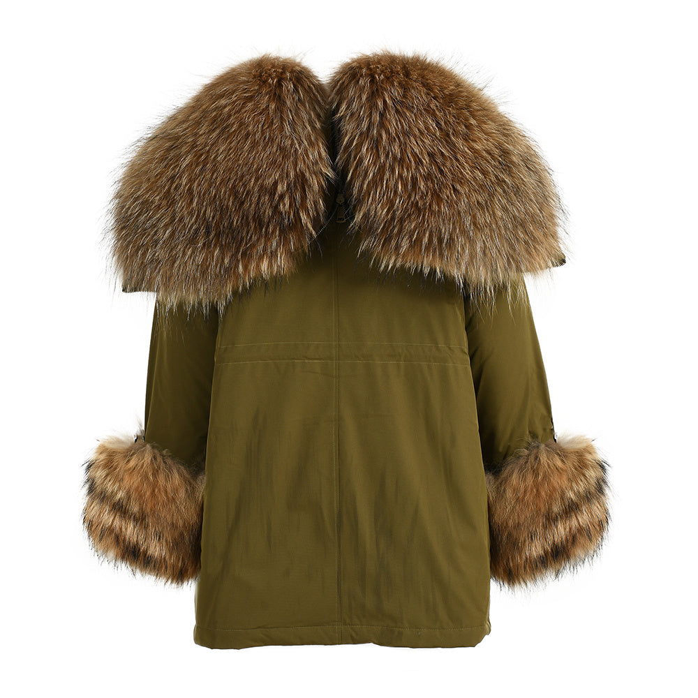 Women Casual Short Style Real Fox Fur Lining Detachable Denim Fur Jacket Fox Fur Parka